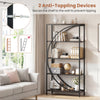 5-tier rustic brown bookshelf with half-moon design, featuring anti-toppling devices for stability in living room or.