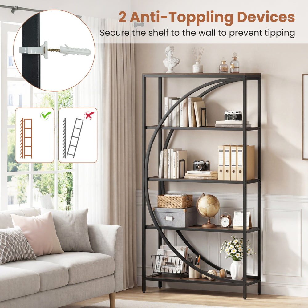 5-tier rustic brown bookshelf with half-moon design, featuring anti-toppling devices for stability in living room or.