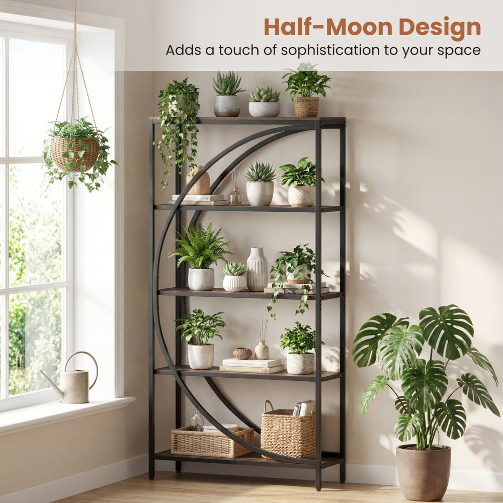 5-tier bookshelf with half-moon design in rustic brown, elegantly displaying plants and decor in a cozy living space.