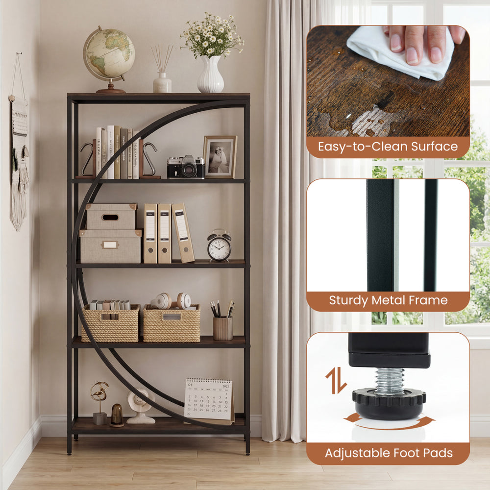 5-tier bookshelf in rustic brown with half-moon design, sturdy metal frame, and easy-to-clean wooden shelves for home.
