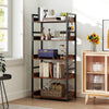 5-tier industrial bookshelf in rustic brown with 4 hooks, sturdy metal frame, ideal for living room or office storage.
