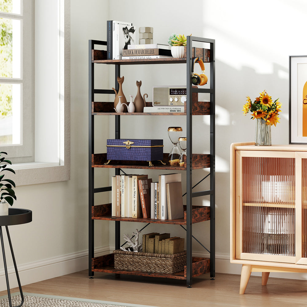 5-tier industrial bookshelf in rustic brown with 4 hooks, sturdy metal frame, ideal for living room or office storage.