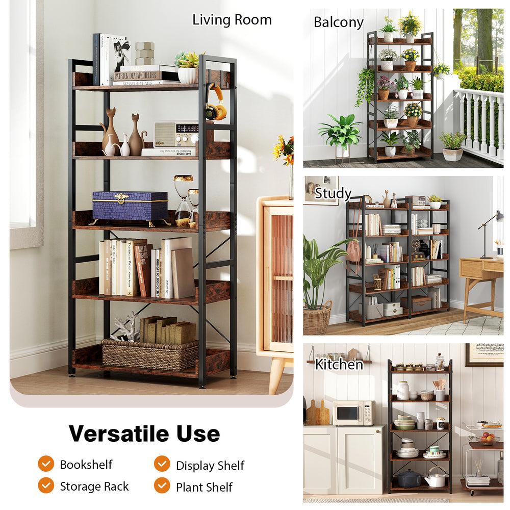 5-tier industrial bookshelf in rustic brown with 4 hooks, ideal for versatile storage in living room or kitchen.