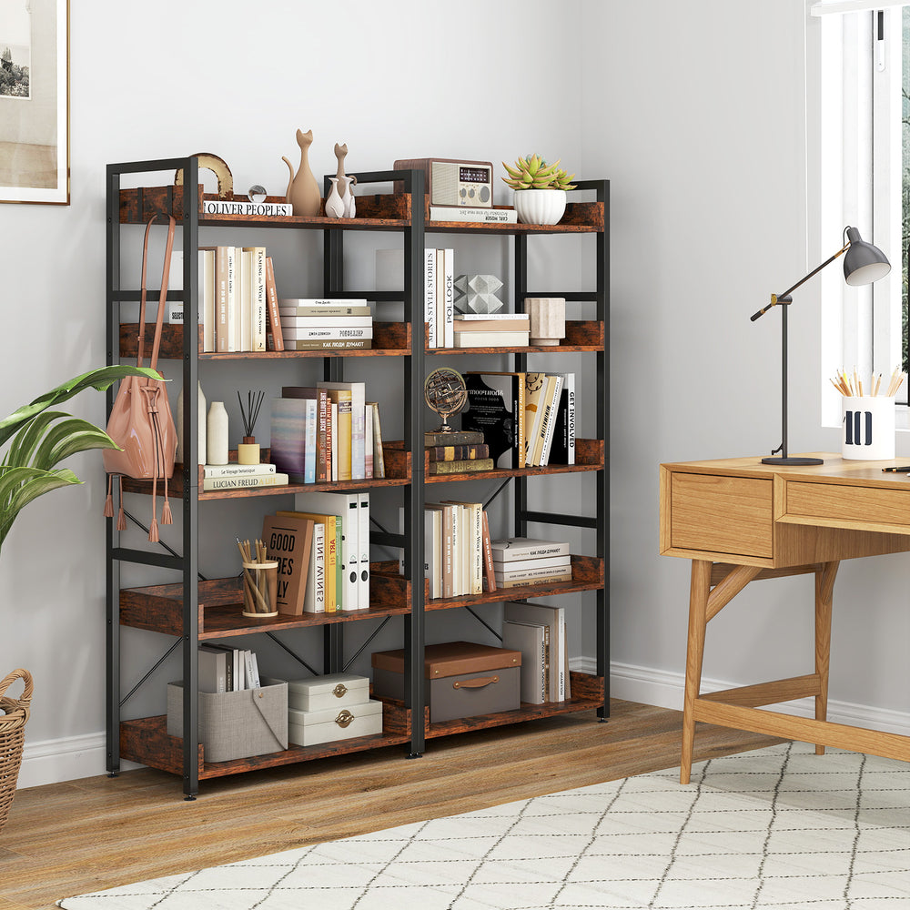 5-tier industrial bookshelf in rustic brown with 4 hooks, perfect for home or office storage and organization.