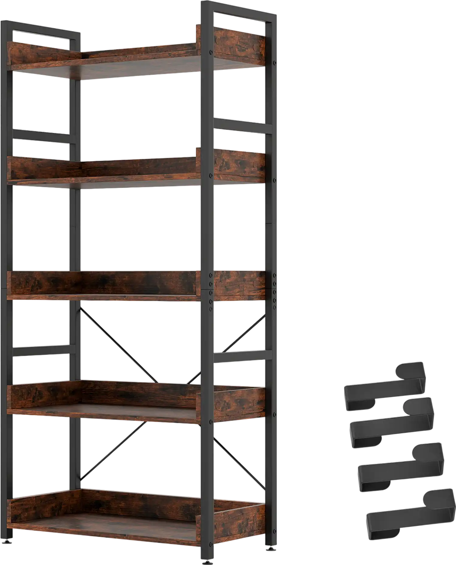 Costway 5-Tier Industrial Bookshelf Bookcase w/ 4 Hooks 164982735 New