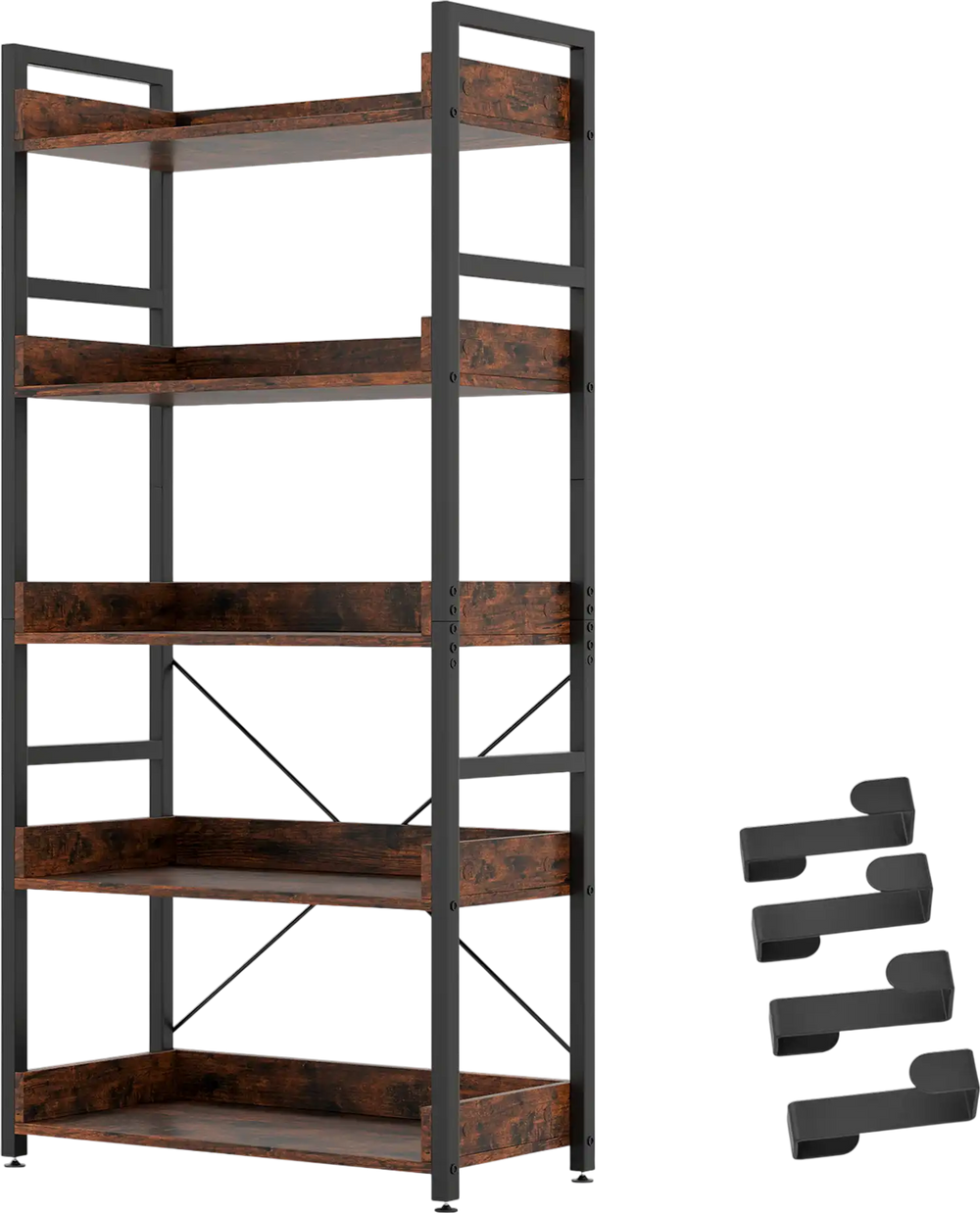 5-tier industrial bookshelf in rustic brown with removable hooks, sturdy metal frame, ideal for living room or office.
