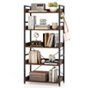 5-tier rustic brown bookshelf showcasing open storage and removable hooks, ideal for study or bedroom organization.
