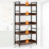 5-tier rustic brown bookshelf with X-shaped bracket and raised edges, providing secure storage for books and decor.