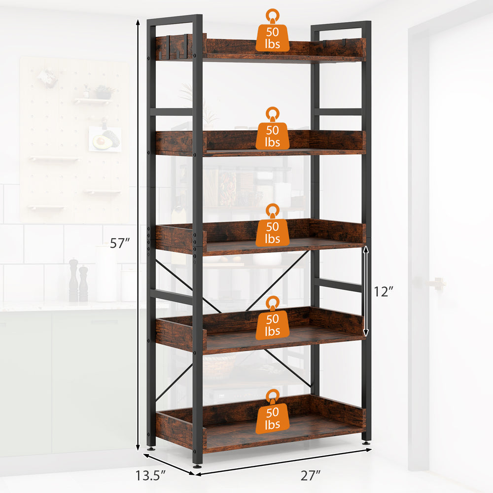 5-tier rustic brown bookshelf with X-shaped bracket and raised edges, providing secure storage for books and decor.