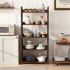 5-tier industrial bookshelf in rustic brown with 4 hooks, perfect for open storage in living room or kitchen.