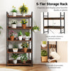 5-tier rustic brown bookshelf with 4 hooks, sturdy metal frame, ideal for organizing books and plants in any room.