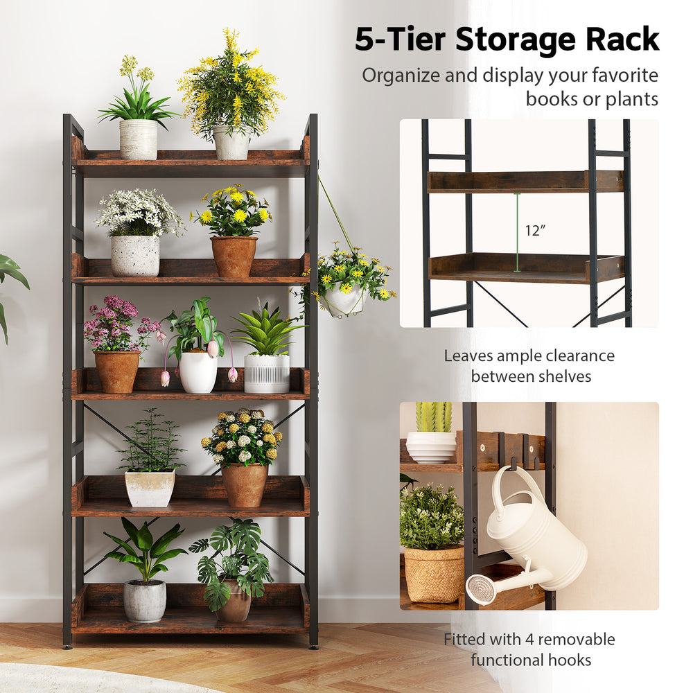 5-tier rustic brown bookshelf with 4 hooks, sturdy metal frame, ideal for organizing books and plants in any room.