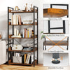 5-tier industrial bookshelf in rustic brown with metal frame, featuring removable hooks and adjustable foot pads for.