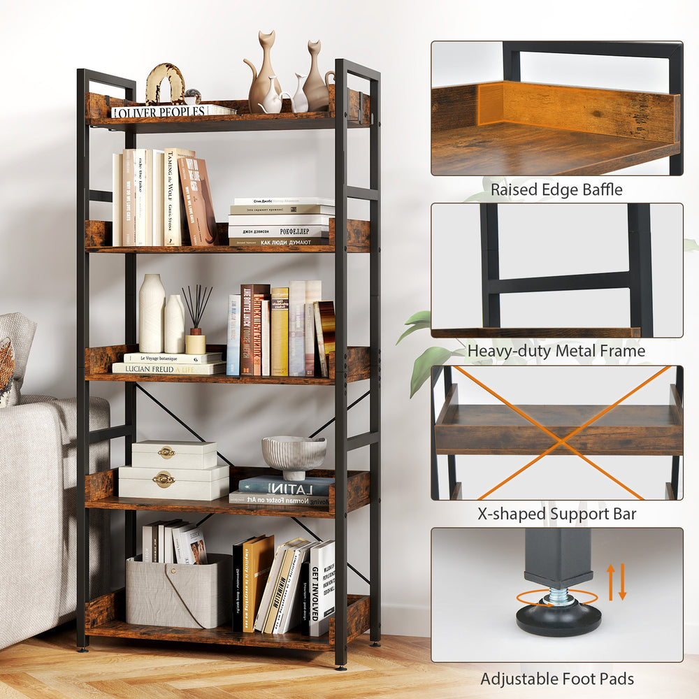 5-tier industrial bookshelf in rustic brown with metal frame, featuring removable hooks and adjustable foot pads for.
