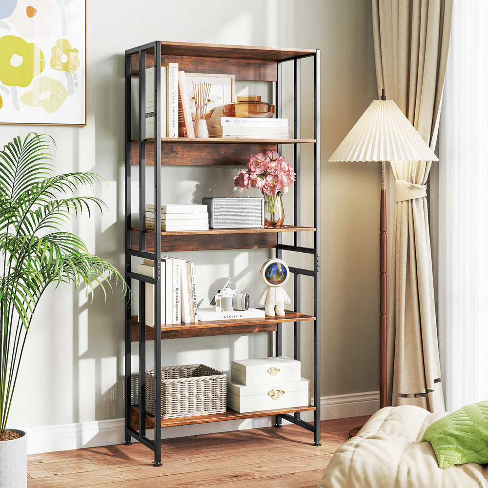 5-tier rustic brown bookshelf with adjustable shelves, perfect for living room or office storage and decor.