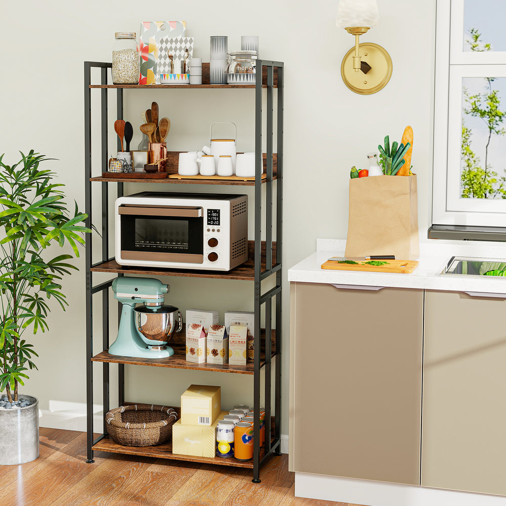 5-tier bookshelf in rustic brown with adjustable shelves, ideal for living room or office storage and decor.