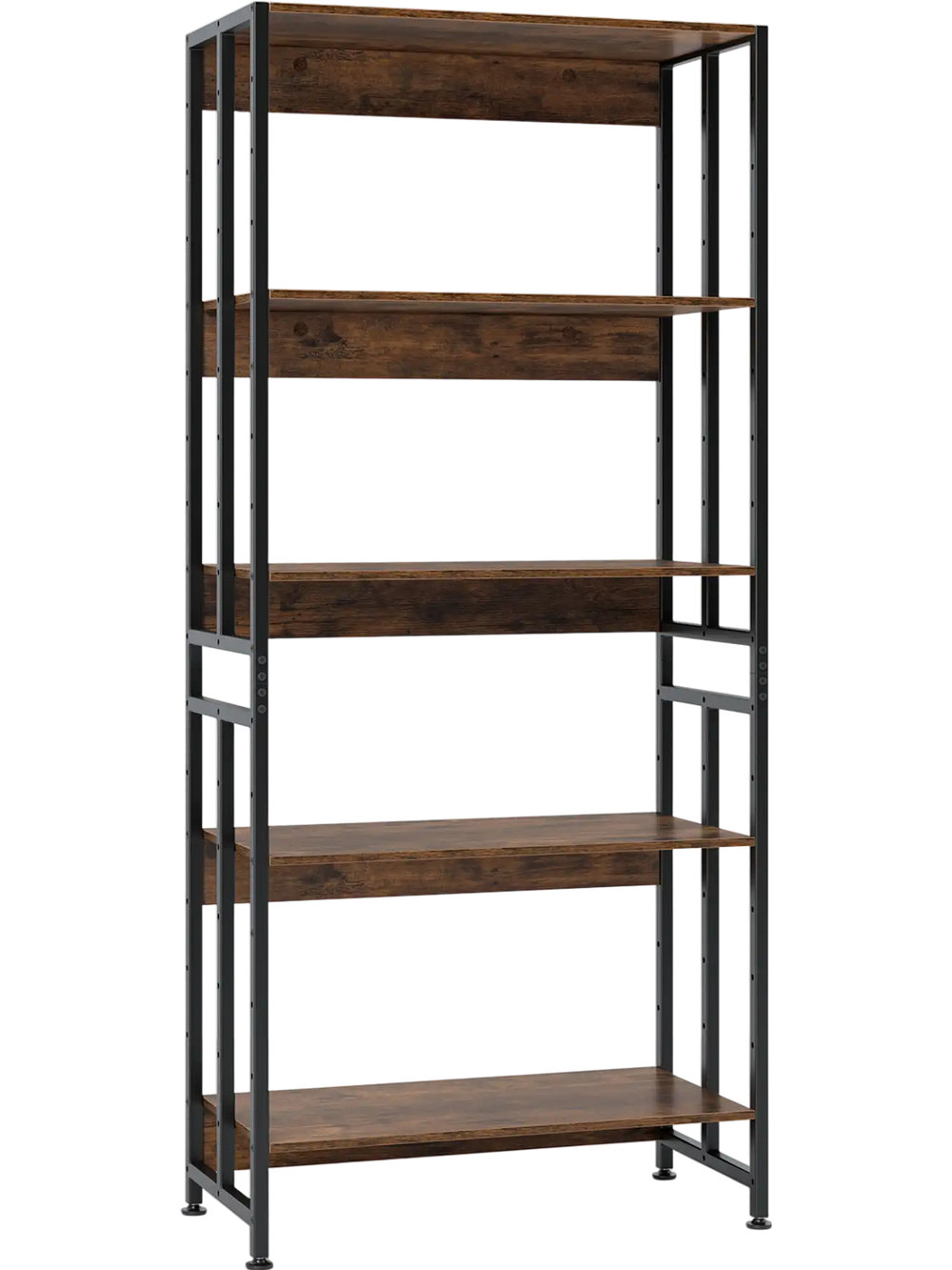 5-tier bookshelf in rustic brown with adjustable and tiltable shelves, ideal for living room or office storage.