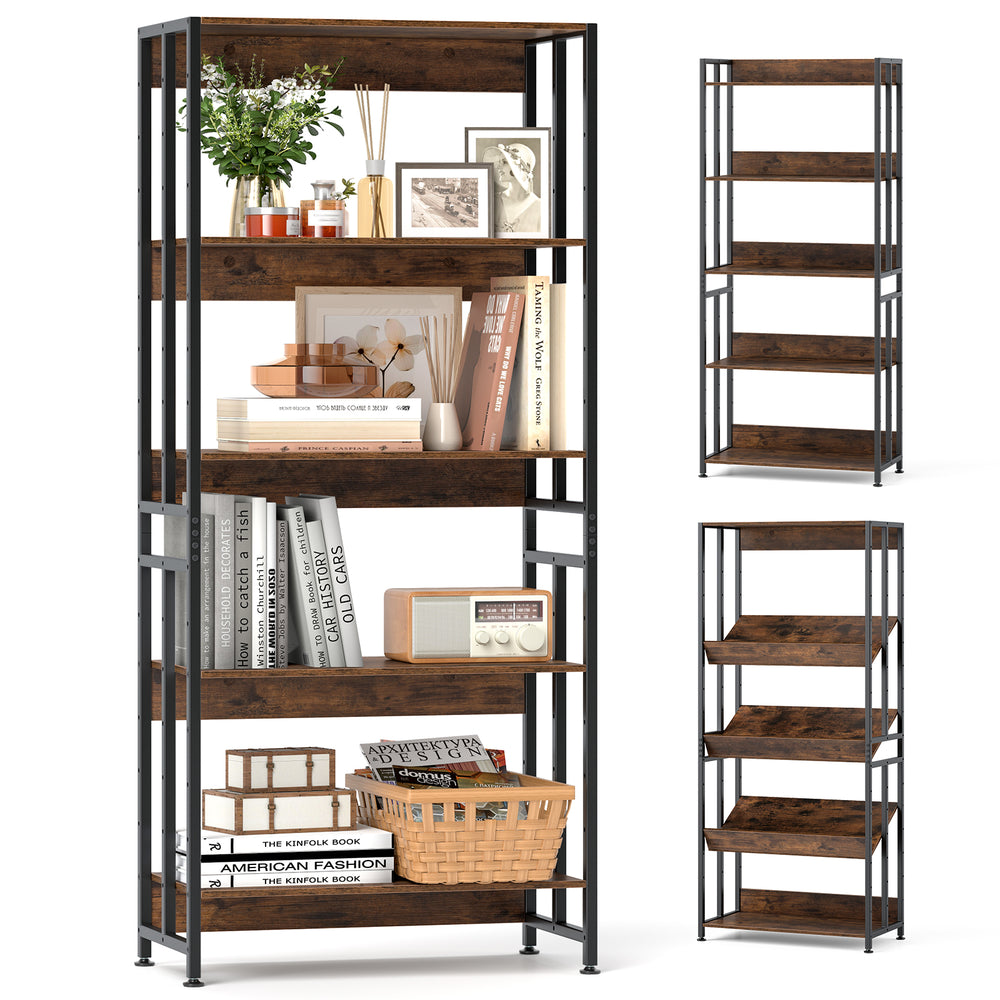 5-tier rustic brown bookshelf with adjustable and tiltable shelves, ideal for living room or office storage.