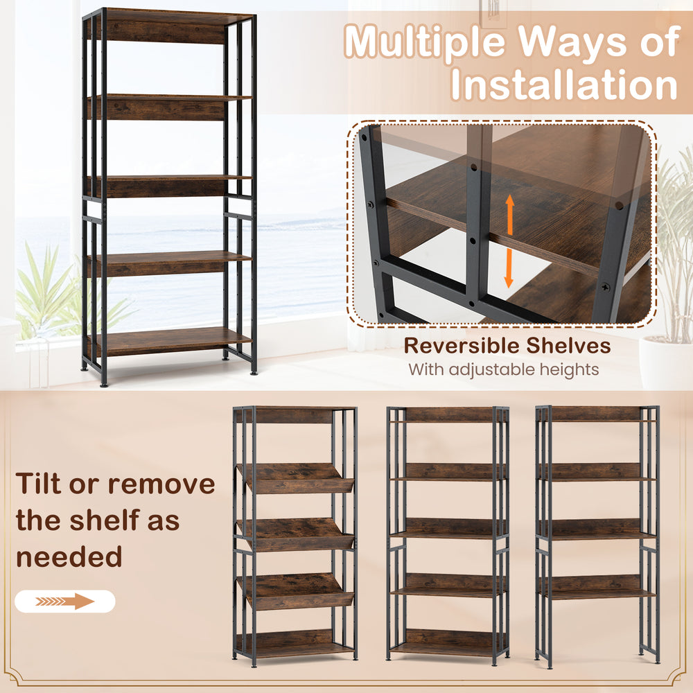5-tier rustic brown bookshelf with adjustable and tiltable shelves, ideal for living room or office organization.