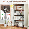 62" tall 5-tier bookshelf in rustic brown with adjustable shelves and anti-tipping kits, ideal for living room or.