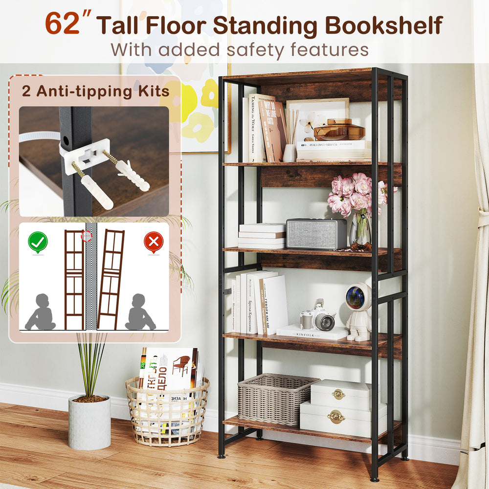 62" tall 5-tier bookshelf in rustic brown with adjustable shelves and anti-tipping kits, ideal for living room or.