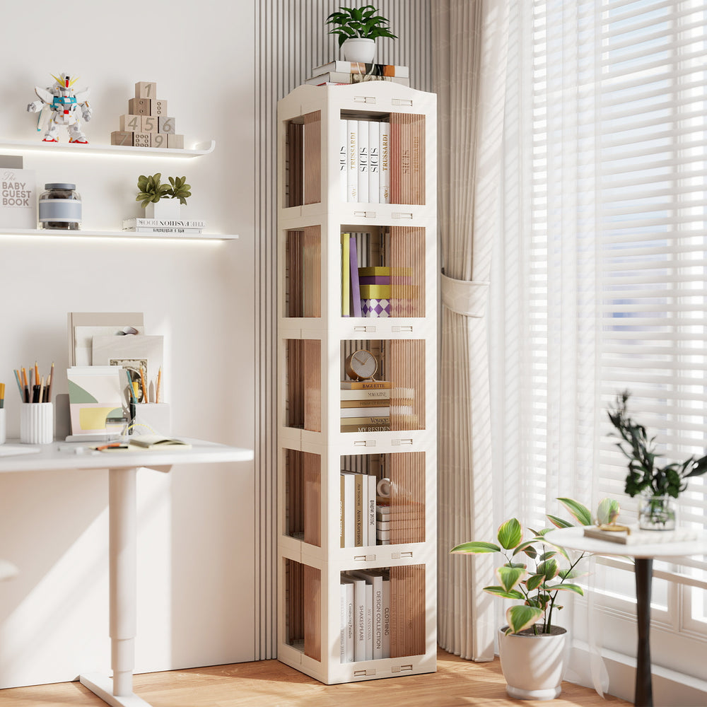 5-tier foldable rotating bookshelf in white, featuring a swivel base for easy access and space-saving corner design.