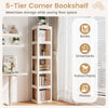 5-tier corner bookshelf in white with a 360° rotating design, perfect for maximizing storage in small spaces.