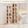 5-tier foldable rotating bookshelf in white with swivel base, designed for easy access and space-saving storage.