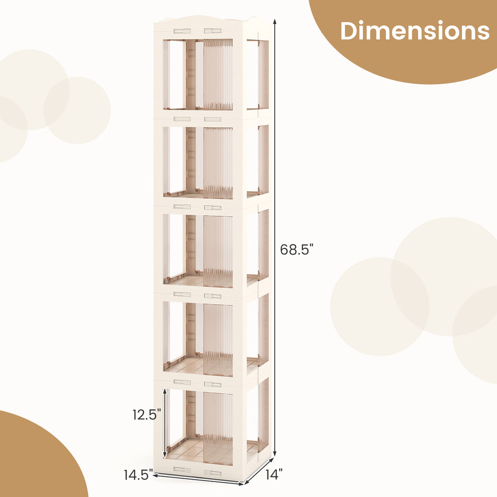 5-tier foldable rotating bookshelf in white, 360° swivel design for easy access, ideal for maximizing storage space.