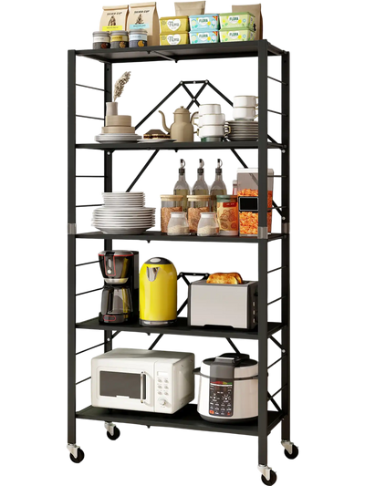 Costway 5-Tier Foldable Storage Shelf with Wheels Black 31586972 New