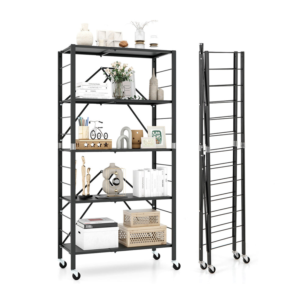 5-tier foldable storage shelf with wheels in black, featuring adjustable shelves and sturdy metal frame for versatile.