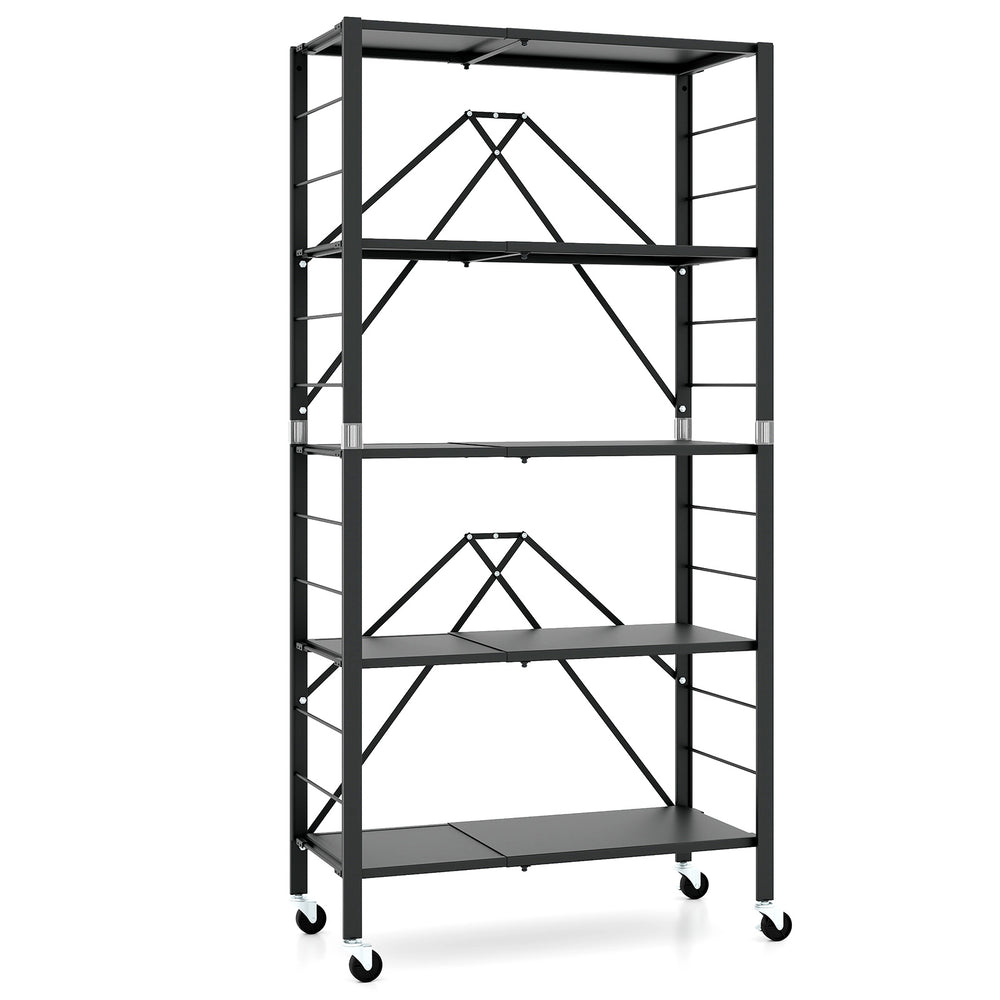 5-tier foldable storage shelf in black with wheels, featuring adjustable shelves for versatile storage solutions.