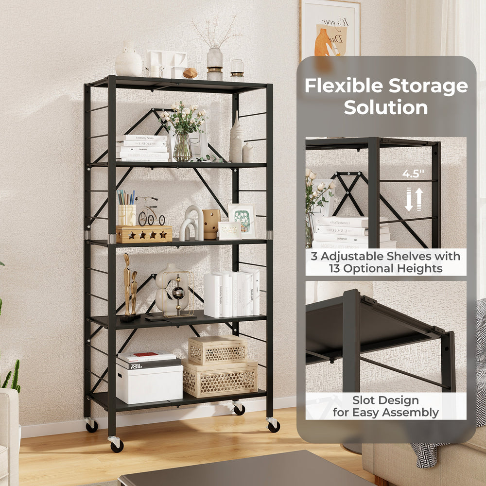 5-tier foldable storage shelf in black with wheels, featuring adjustable shelves and sturdy metal frame for versatile.
