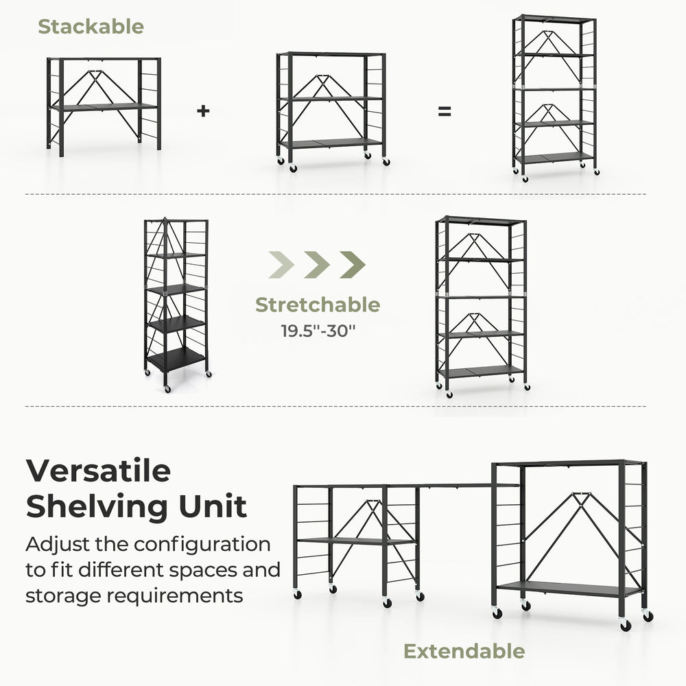 5-tier foldable storage shelf with wheels, adjustable from 19.5" to 30", ideal for versatile home organization.