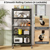 5-tier foldable storage shelf with black metal frame and 8 smooth rolling casters, ideal for kitchen or living room use.