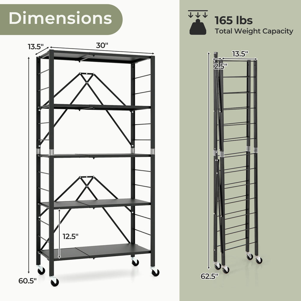 5-tier foldable storage shelf in black with dimensions 30"x60.5", featuring a sturdy design and wheels for easy.