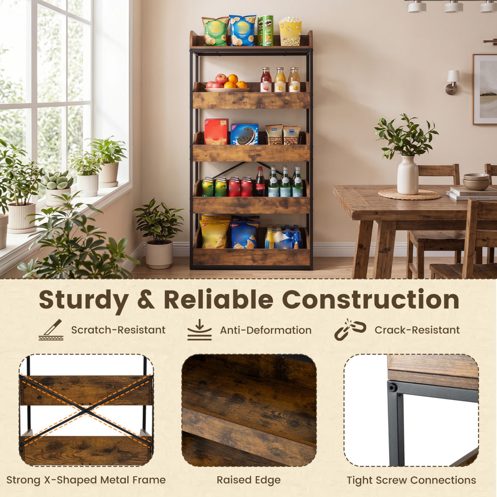 5-tier food storage rack in rustic brown with 4 pull-out drawers, strong metal frame, and raised edges for secure storage.