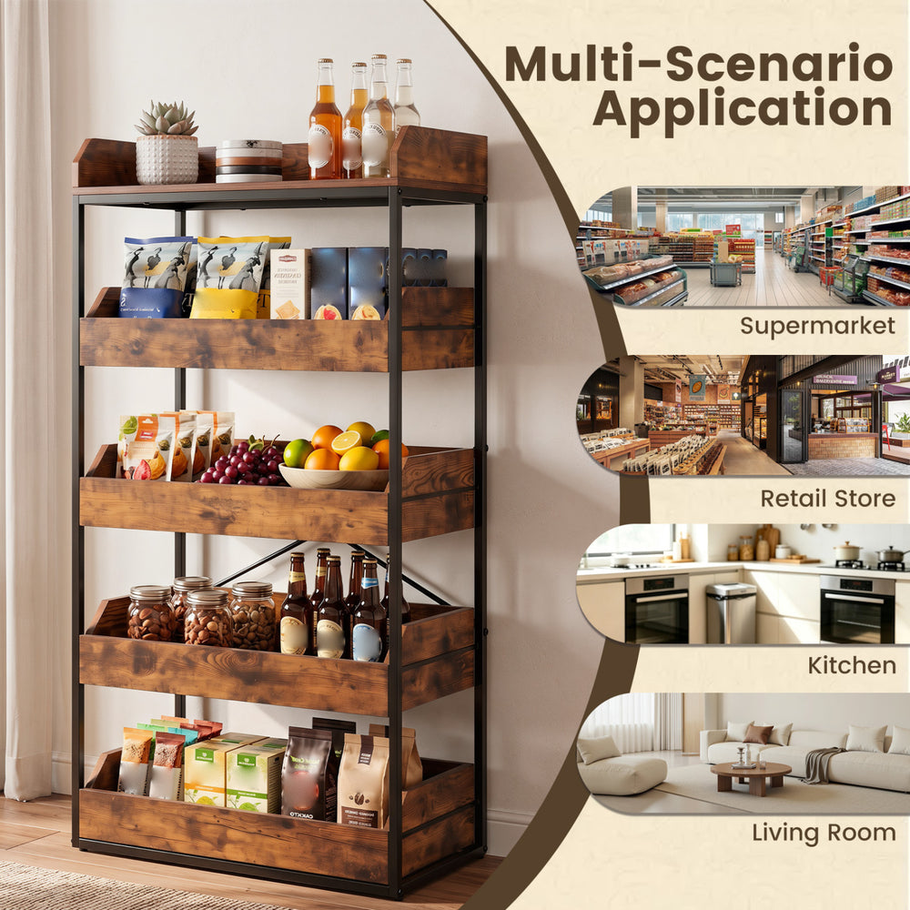 5-tier rustic brown food storage rack with 4 pull-out drawers, ideal for kitchens, living rooms, or retail stores.