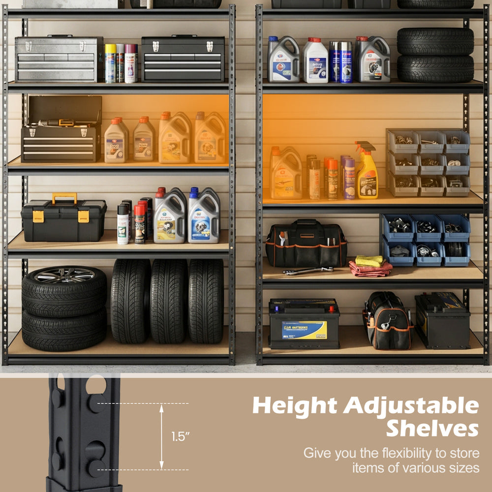 5-tier garage shelving unit with height-adjustable shelves, sturdy MDF boards, and rustproof metal frame for versatile.