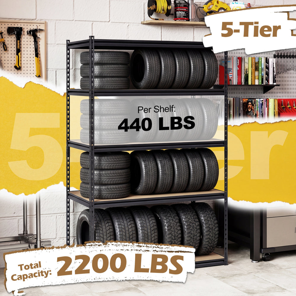 5-tier garage shelving unit with heavy-duty design, holding 440 lbs per shelf, ideal for organizing tires and tools.