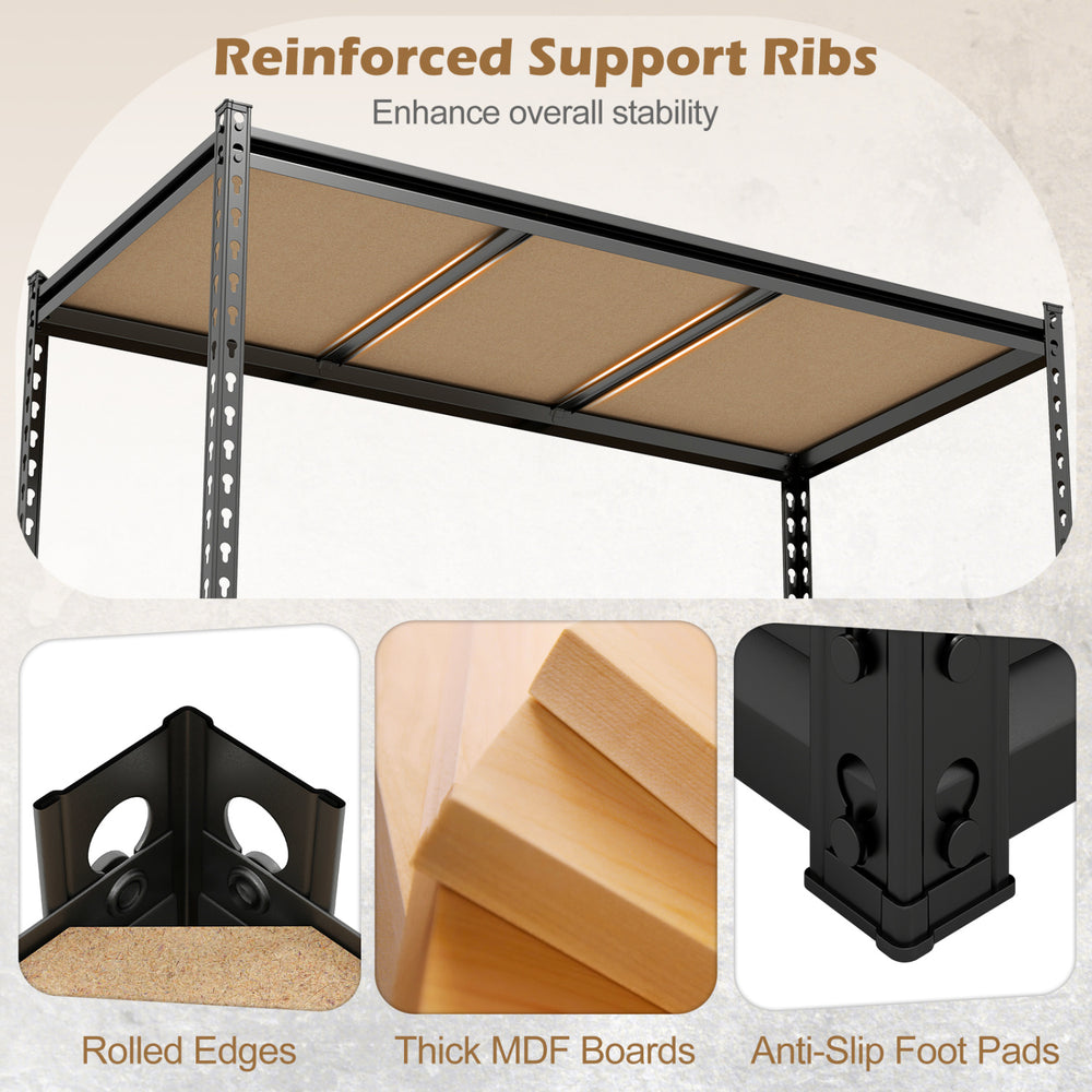 5-tier garage shelving unit with thick MDF boards, adjustable shelves, and reinforced support ribs for stability.