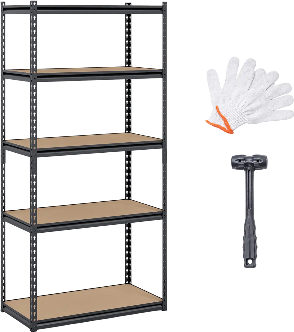 5-tier garage shelving unit with adjustable shelves, metal frame, and included mallet and gloves for easy assembly.