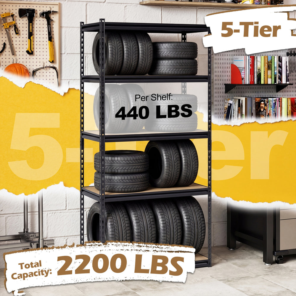 5-tier garage shelving unit with adjustable shelves, holding up to 2200 lbs total, ideal for garage and storage use.