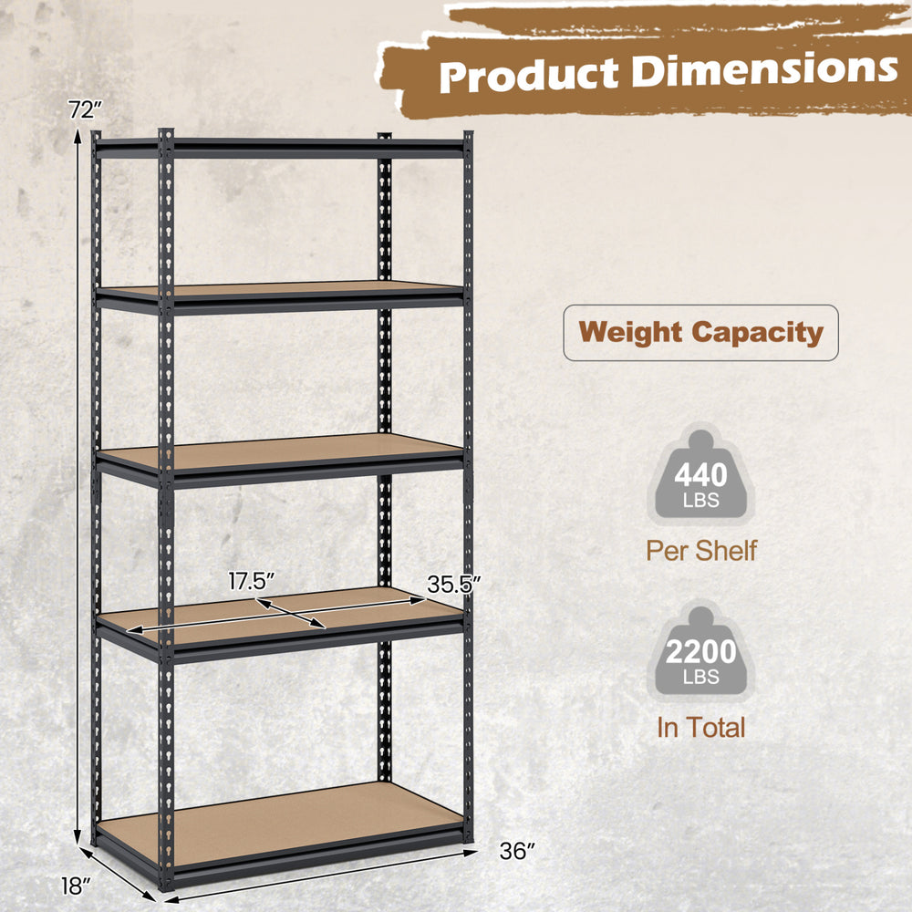 5-tier garage shelving unit with adjustable shelves, metal frame, and 440 lbs per shelf capacity for versatile storage.