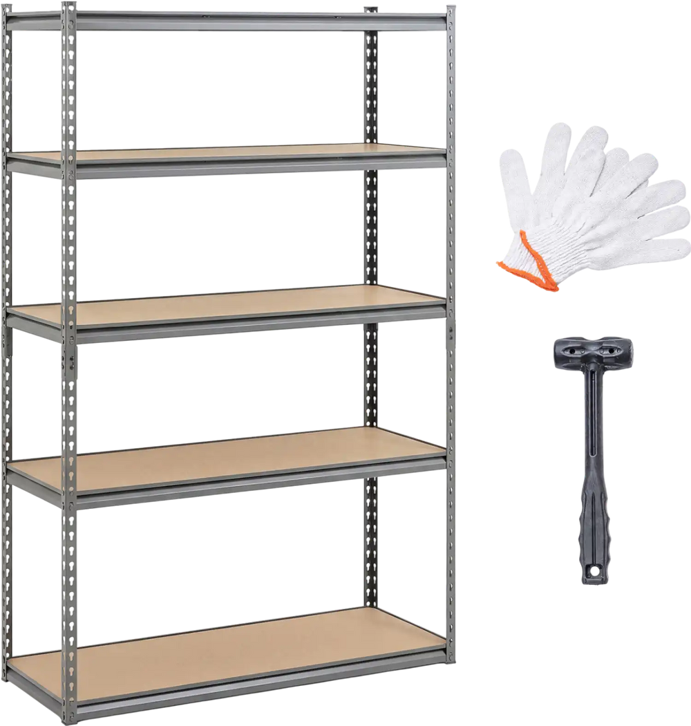 5-tier garage shelving unit with adjustable MDF shelves, metal frame, and included mallet and gloves for easy assembly.
