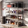 5-tier metal garage shelving unit with adjustable shelves, holding tools and supplies for organized storage.