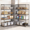 5-tier metal shelving unit with adjustable shelves, holding various storage bins and jars, ideal for garage or pantry.