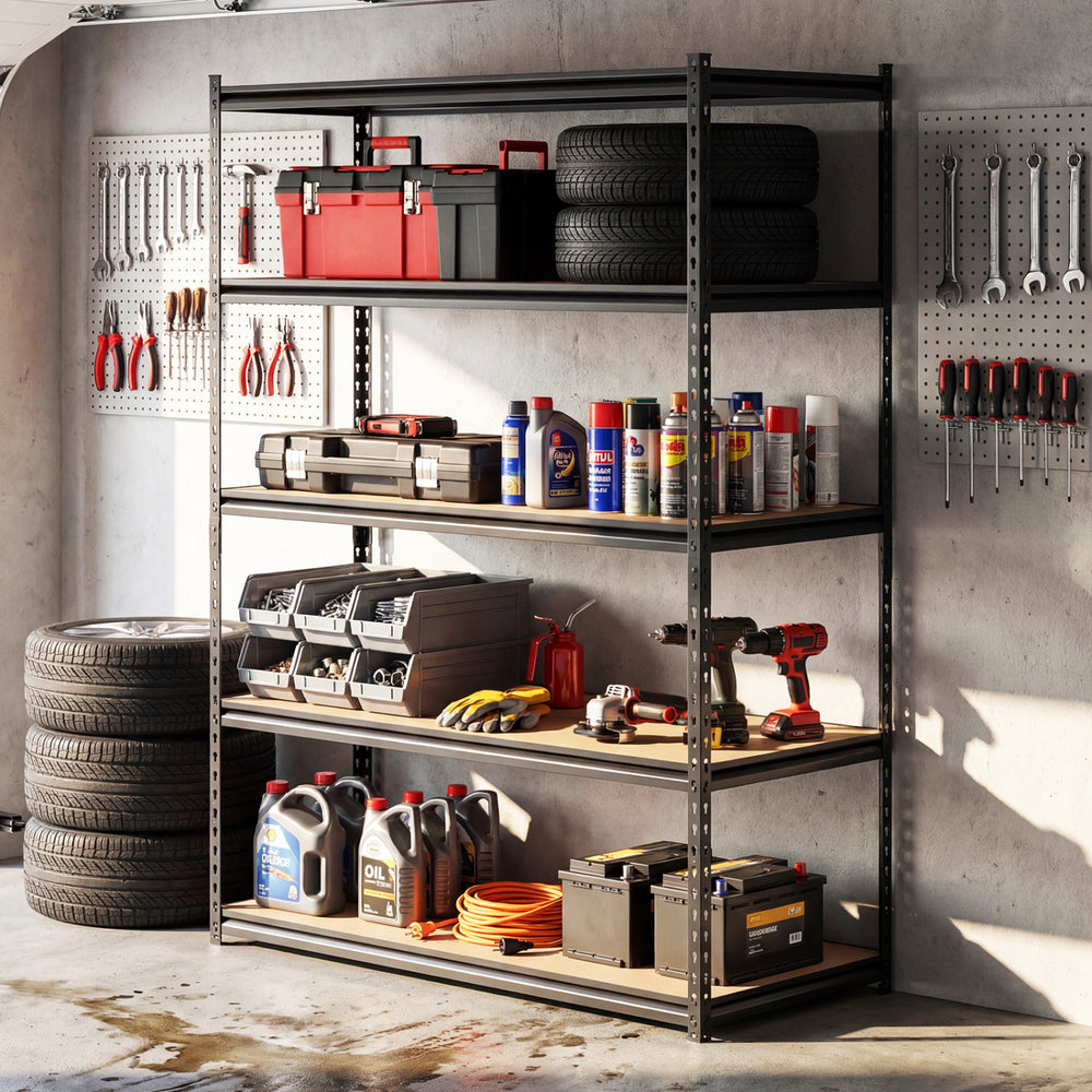 5-tier garage shelving unit with tools and supplies, featuring a rustproof metal frame and adjustable shelves for.