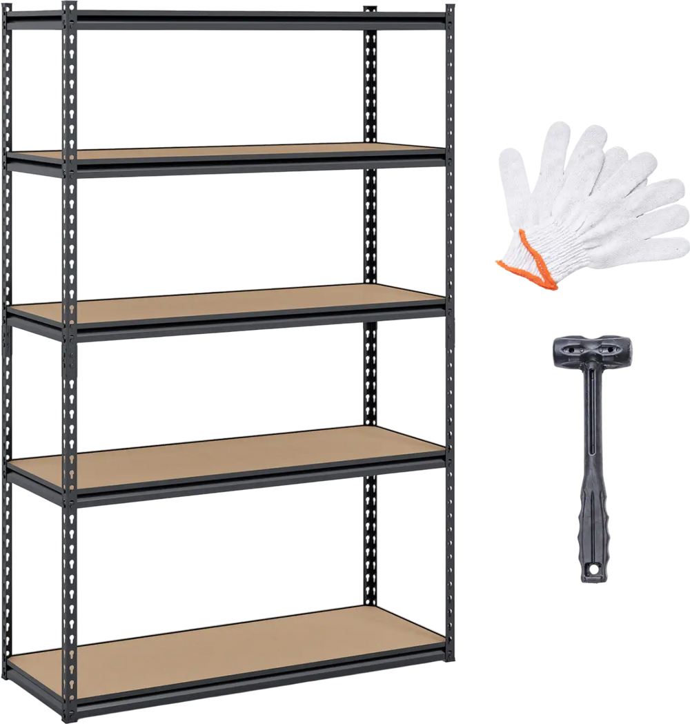 5-tier garage shelving unit with adjustable MDF shelves, rustproof metal frame, and included mallet and gloves for easy.