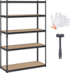 5-tier garage shelving unit with adjustable MDF shelves, rustproof metal frame, and included mallet and gloves for easy.